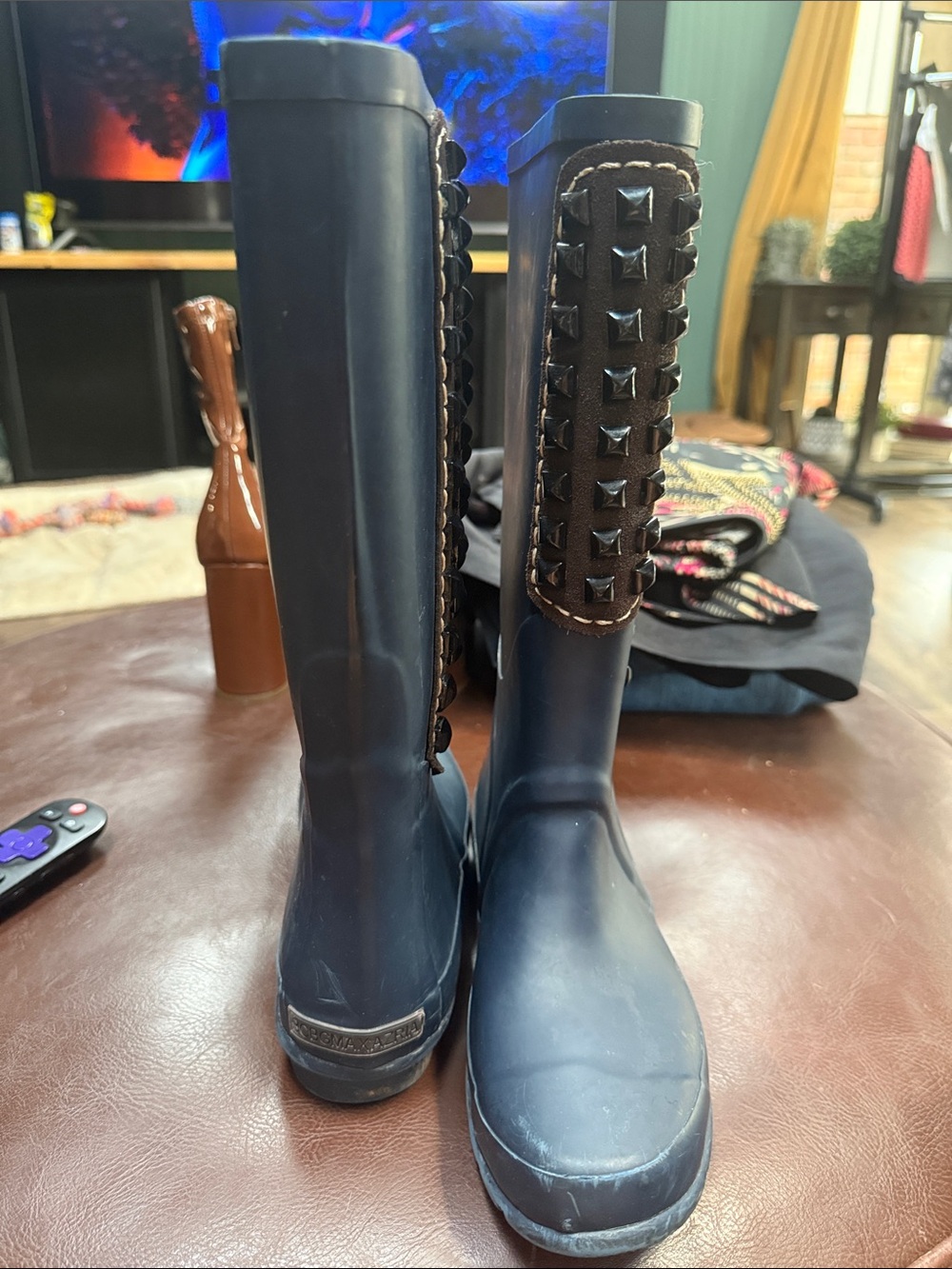BCBGMaxAzria Navy Rain Boots with Brown Studded Trim